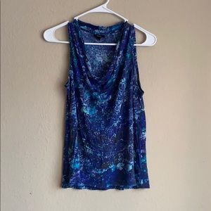 Blue, purple, green, brown water color style top.